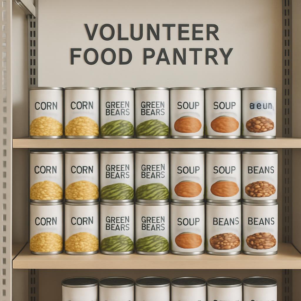 Volunteer food pantry, labeled shelves with canned food.