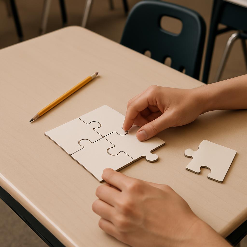 woodygranger_Persons hands completing a puzzle for a math problem in the classroom.