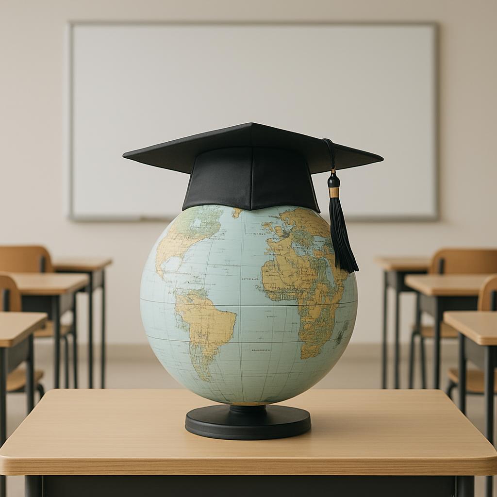 Globe in a beanie with classroom in background.